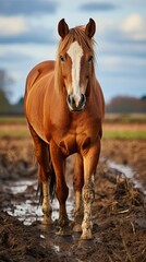 Sticker - A portrait of a beautiful bay horse grazing on a farm in a paddock.  