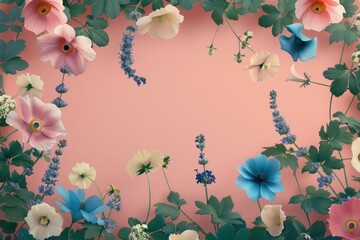 Wall Mural - Pink, White, and Blue Flowers with Green Leaves on a Peach Background