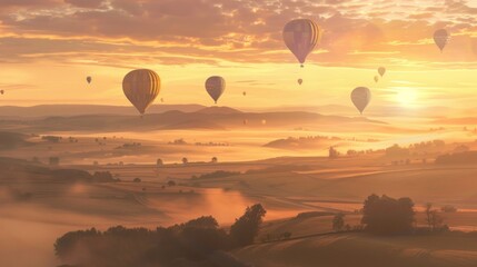 Poster - Sunrise Hot Air Balloons Over Foggy Landscape