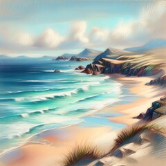 Wall Mural - Coastal Seascape Pastel Drawing Gentle washes of soft pastels ca