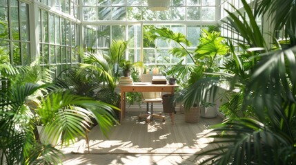 airy greenhouse converted into an office, with a desk surrounded by lush plants and sunlight filtering through glass panels