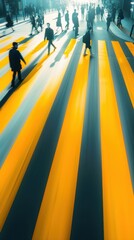 Wall Mural - A busy street with people walking on a crosswalk. The street is lined with yellow stripes and the people are walking in different directions