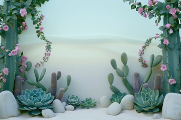 Canvas Print - Succulents and Pink Flowers Surrounding a White Background