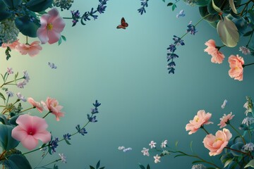 Wall Mural - Pink Flowers, Green Leaves, Butterfly, and Blue Background