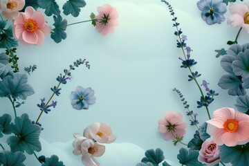 Wall Mural - Floral Arrangement with Pink and Blue Flowers and Green Leaves