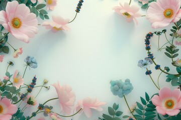 Wall Mural - Pink and Blue Flowers with Green Leaves Arranged Around a White Center