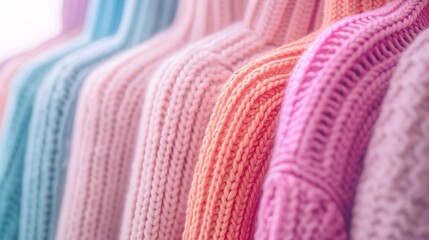 Wool sweaters in various colors displayed on a table selective focus, winter wardrobe, dynamic, Double exposure, clothing store