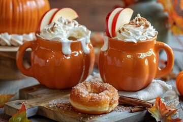 cozy autumn themed scene featuring two orange pumpkin shaped mugs filled with creamy, frothy drinks topped with whipped cream with a stack of three cinnamon sugar coated donuts