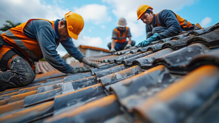 Workers methodically replacing old roof tiles with new ones on a residential home.