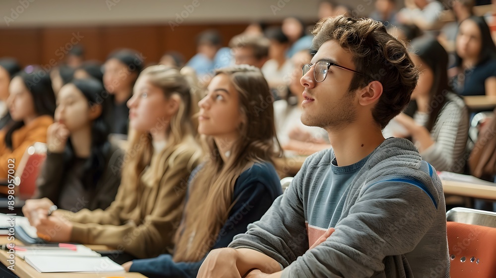 A diverse group of students attentively listening in a classroom ...
