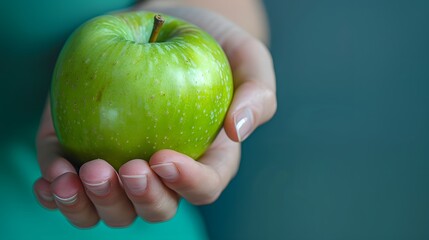 A person holds a fresh green apple in their hand, symbolizing health and vitality.   