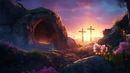 Poster - Empty Tomb with Crosses at Sunset.