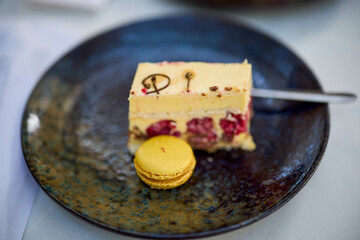 the cake on a plate placed on a table