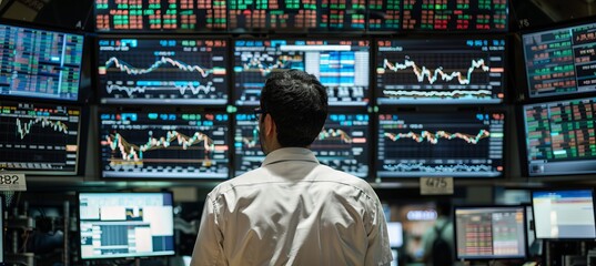 Poster - Businessman looking at stock market data visual on monitor screen. Generative AI technology.	
