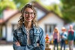© Jelena - Smiling Woman in Denim Jacket Stands in Front of a Neighborhood Home