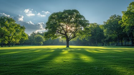 Sunlight Through the Trees in a Lush Green Meadow