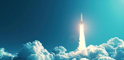 A white rocket launches into a bright blue sky leaving a trail of smoke as it ascends through fluffy clouds