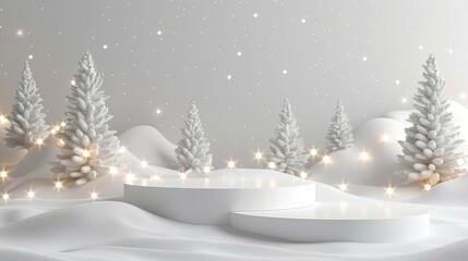christmas tree with white snowdrift,snowflakes,snow land,podium with bauble,christmas theme stage po