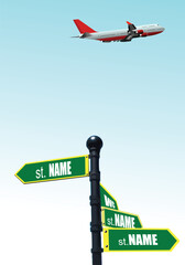 Wall Mural - Airplane flying over street signs with copy space