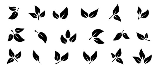 Wall Mural - Leaves on white background.  Set of black leaf icons. Leaves of trees and plants. Ecology. Vector illustration.