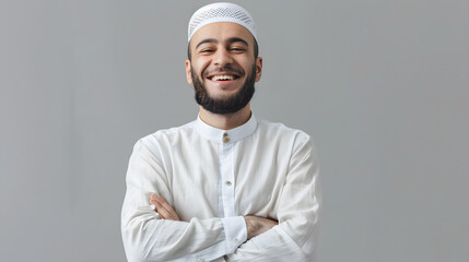 a man with a beard wearing a white shirt with his arms crossed