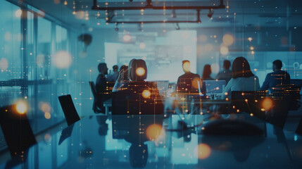 Business Team working in modern office with tech overlay