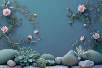 Poster - Delicate Pink Flowers and Succulents on a Teal Background