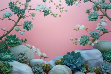 Canvas Print - Succulent and Cactus Arrangement on Pink Background