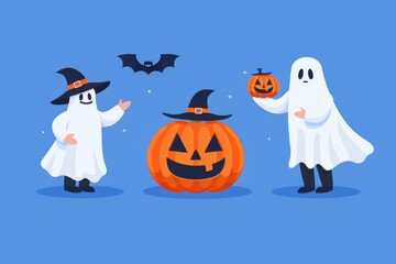 Poster - festive outfits, Jack-o'-lanterns, and playful ghosts, capturing the Halloween spirit.