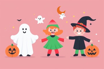 Wall Mural - festive outfits, Jack-o'-lanterns, and playful ghosts, capturing the Halloween spirit.