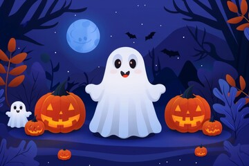 Poster - festive outfits, Jack-o'-lanterns, and playful ghosts, capturing the Halloween spirit.