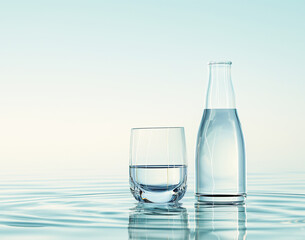 Wall Mural - A glass of water and a glass bottle stands on the surface of blue water