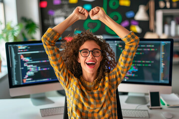 Excited woman with curly hair and glasses celebrating success in front of computer monitors displaying code. Office workspace with blurred background. Studio portrait. Technology and achievement