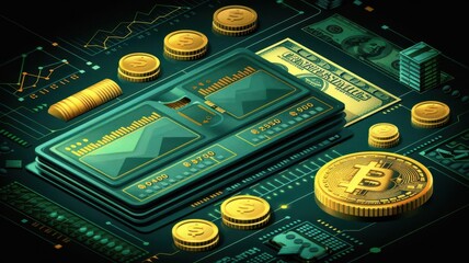 A vibrant digital illustration showcasing cryptocurrency, cash, and coins amidst financial graphs and data symbols, symbolizing investment.