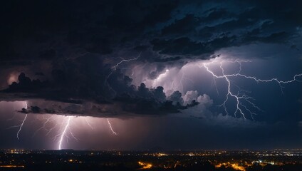 Wall Mural - Flash of lightning in night sky, banner concept. Powerful thunderstorm