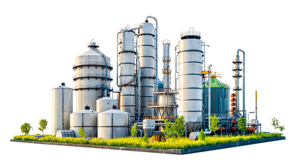 Industrial Complex: A 3D rendering of a sprawling industrial complex, featuring towering silos, intricate piping, and a vibrant green field, showcasing the scale and complexity of modern manufacturing