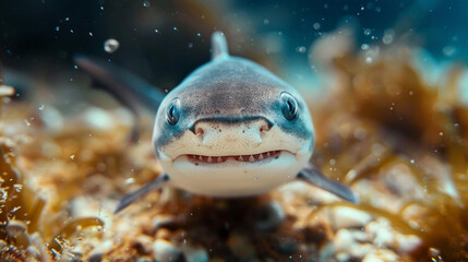 Baby shark smiling in the ocean. Underwater photography of cute baby shark