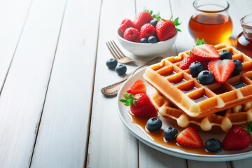 Sticker - Delicious waffles with berries and syrup on a white wooden table.