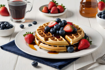 Sticker - Delicious waffles topped with fresh berries and syrup on white table.