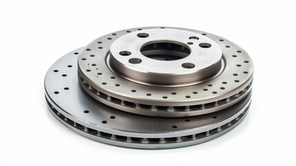 On a white background, two brand-new brake discs and a row of brake pads are stacked. isolated items