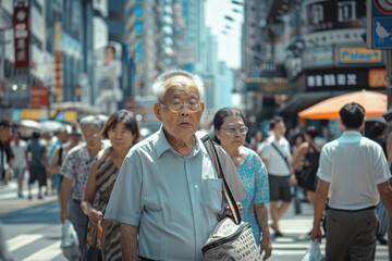 A bustling city with elderly individuals navigating daily life, showcasing both active and isolated seniors