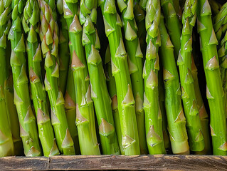 Wall Mural - Close-Up of Fresh Green Asparagus Stalks in a Wooden Crate