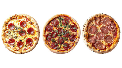 set of three different salami pizza on isolated transparent backgrounds