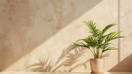 Wall Mural - modern summer minimal of plant in sunlight with long shadows on beige wall background, interior medi