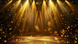 © CreativeCreations - Stage opening golden stage glitter with spotlights and luxury gold light streak. Particle luxury for ceremony background