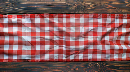 Top view of red checkered tablecloth on blank empty wooden table background, food concept