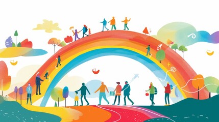 An inspiring visual of a large, colorful rainbow bridge adorned with diverse cultural symbols, connecting two different landscapes with people from various backgrounds walking across