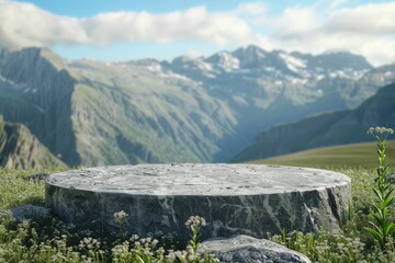 Wall Mural - Abstract 3d render platform and mockup natural background, Stone podium on the grass field backdrop meadow mountain for product stand display, advertising or etc - generative ai