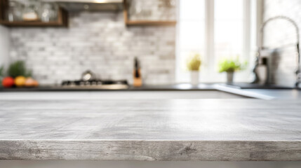 Fototapete - Empty wooden countertop with blurred cozy kitchen background, empty copy space and product placement for advertisement and backgrounds home kitchen background mock up