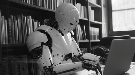 Fototapete - A humanoid robot, an accomplished writer, sits at a laptop in a library, surrounded by bookshelves. Generative AI